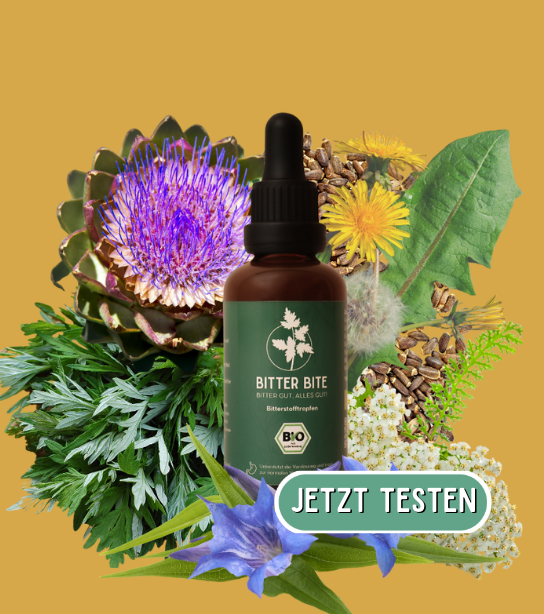 BitterBite Original Braune Flaschen mit Tropfer, beschriftet mit "Bitter Bite", Bio-Produkt.