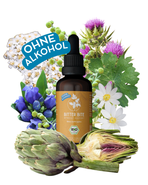 Braunflasche mit Pipette, umgeben von verschiedenen Kräutern und Pflanzen. Flasche mit Tropfer, umgeben von Blumen und Artischocken, mit "Ohne Alkohol" Schild.